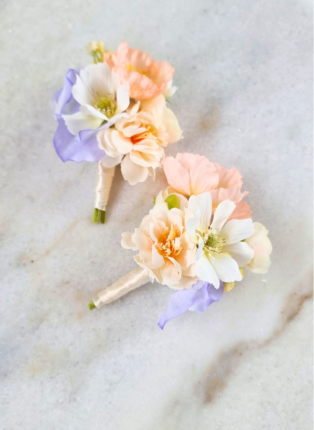 Peach Wildflower Boutonniere & Corsage with Blue Accents