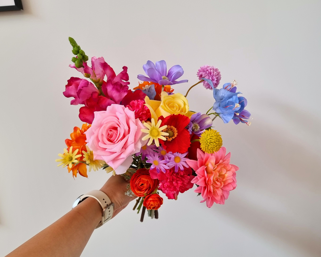 Bright colourful Emily wedding bouquet with roses