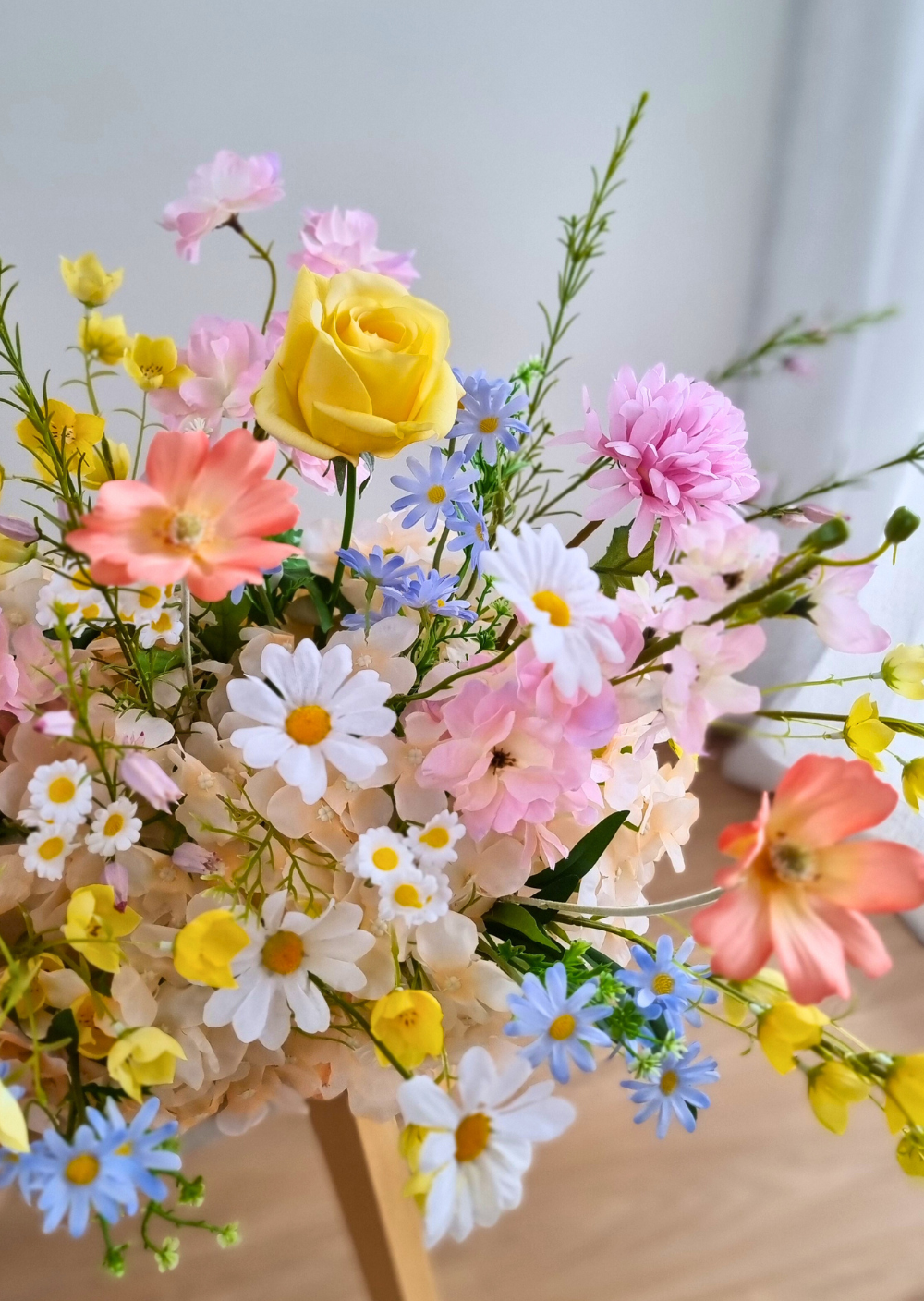 Pastel wildflower silk bouquet with pink, yellow, and blue